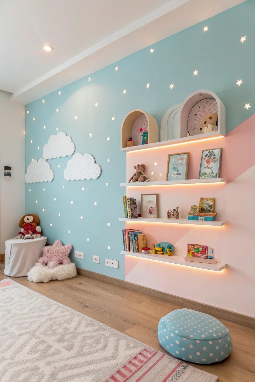 Combine style and storage with floating shelves that keep treasures within easy reach.