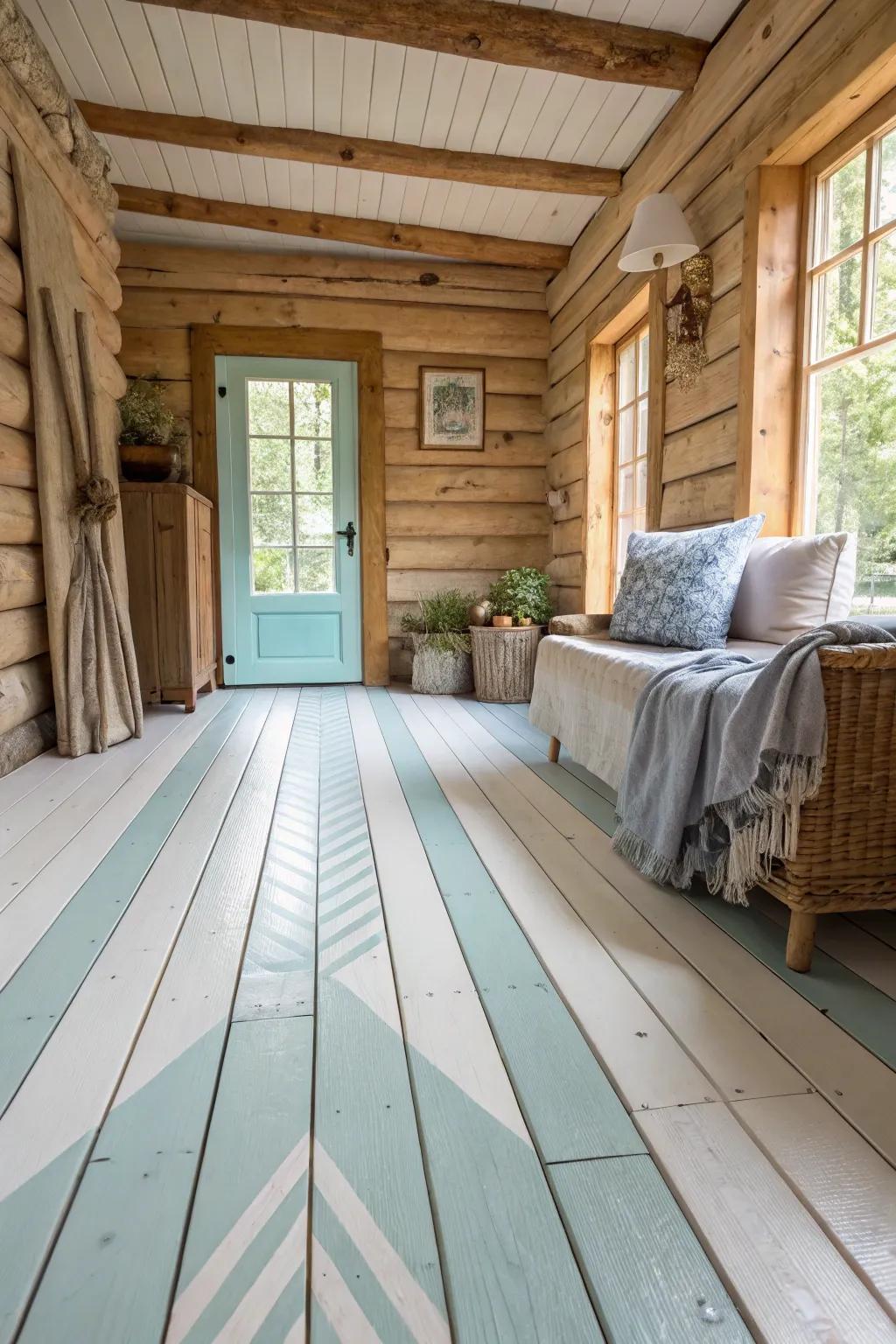 Painted floors allow for a creative and personalized touch in your cabin. 🎨 #BoldDesign #CreativeFloors