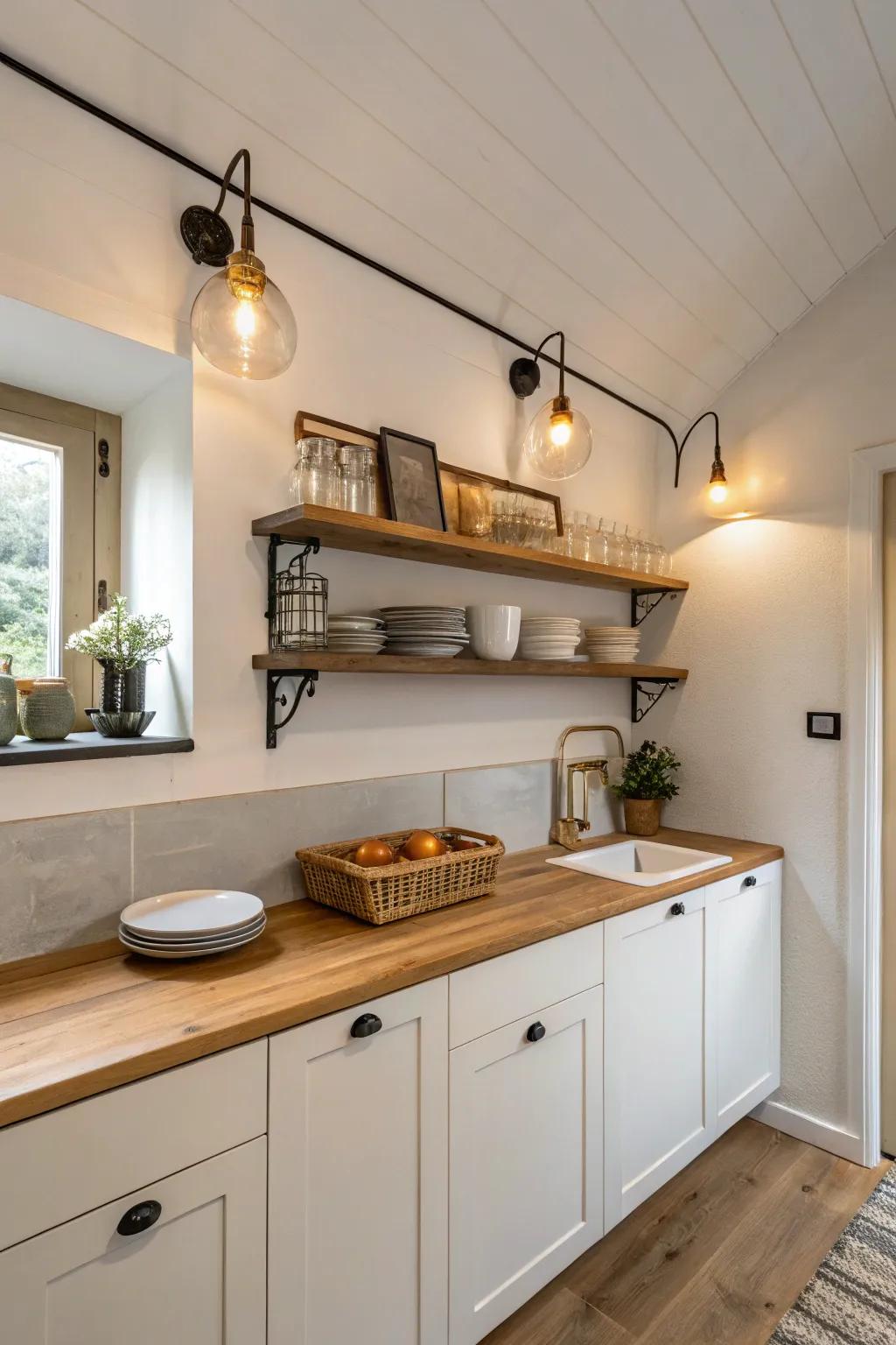 Wall sconces save space and provide focused lighting, perfect for compact kitchens.