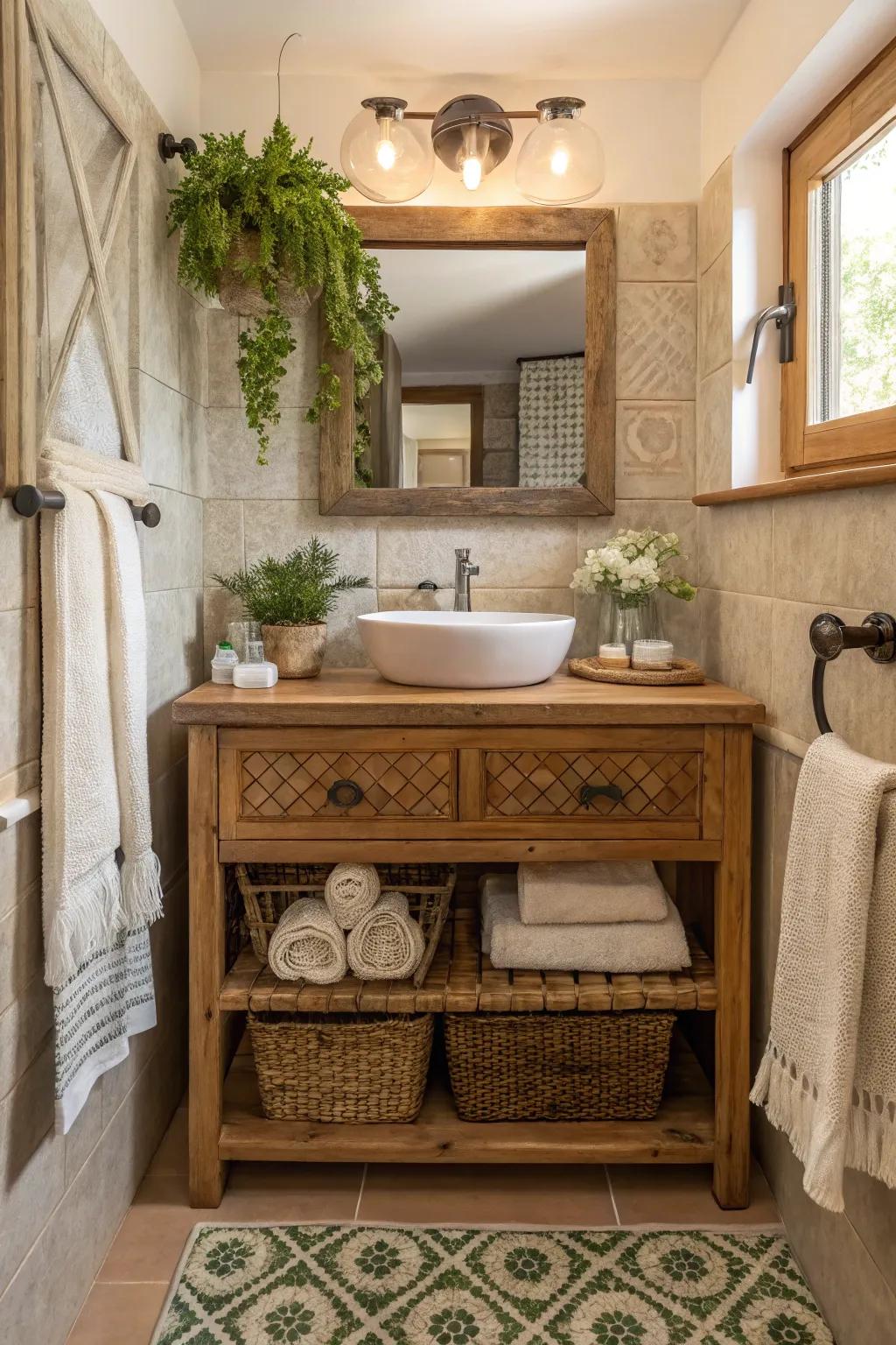Layering textures brings a rich and inviting feel to your bathroom.