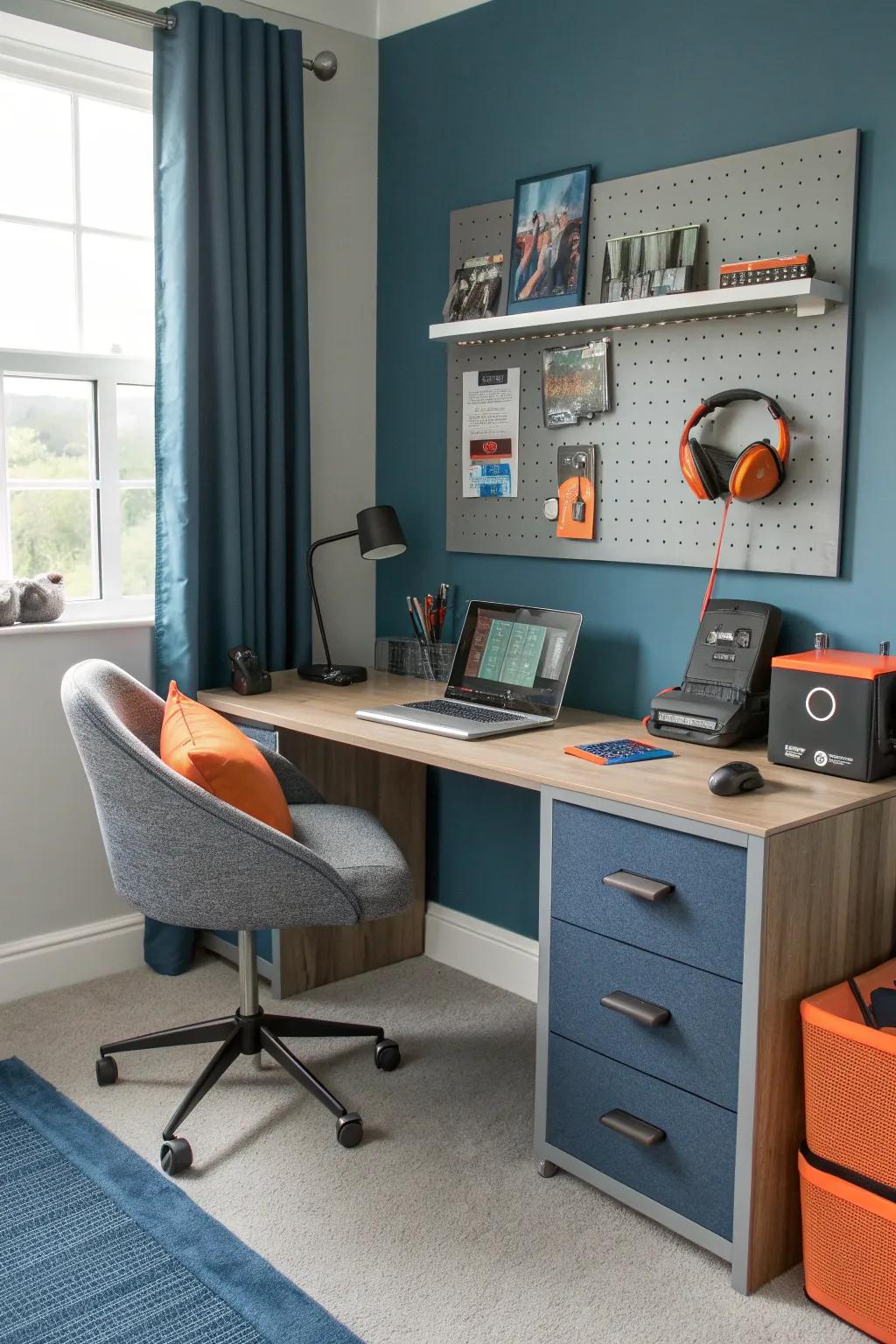 Equip the room with a tech-friendly desk that keeps gadgets organized and ready.