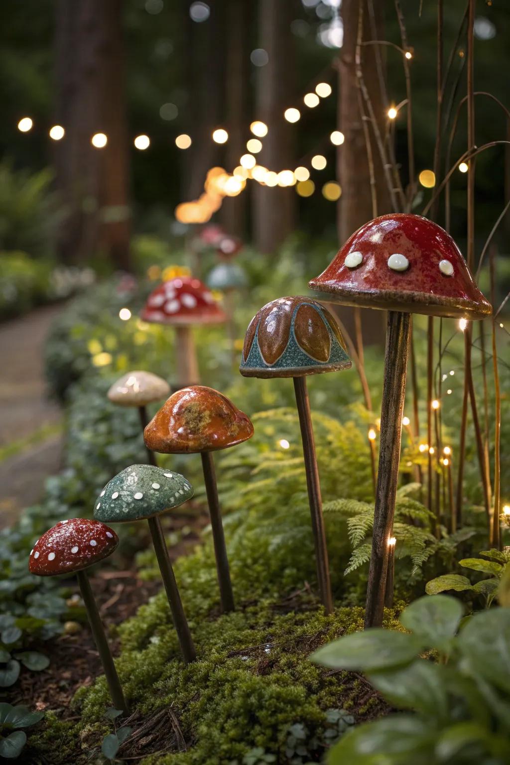 Enhance your garden’s charm with mushroom stakes that add a playful, storybook element to your outdoor decor.