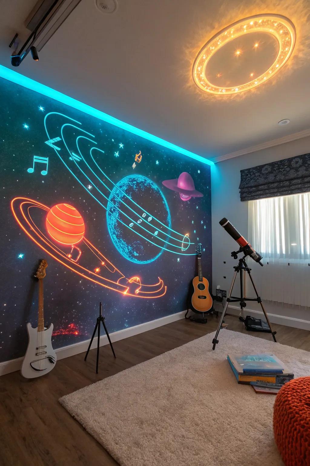 Explore a universe of sound with a musical galaxy mural that inspires dreams and discovery. 🚀 #GalaxyDesign #KidsRoom