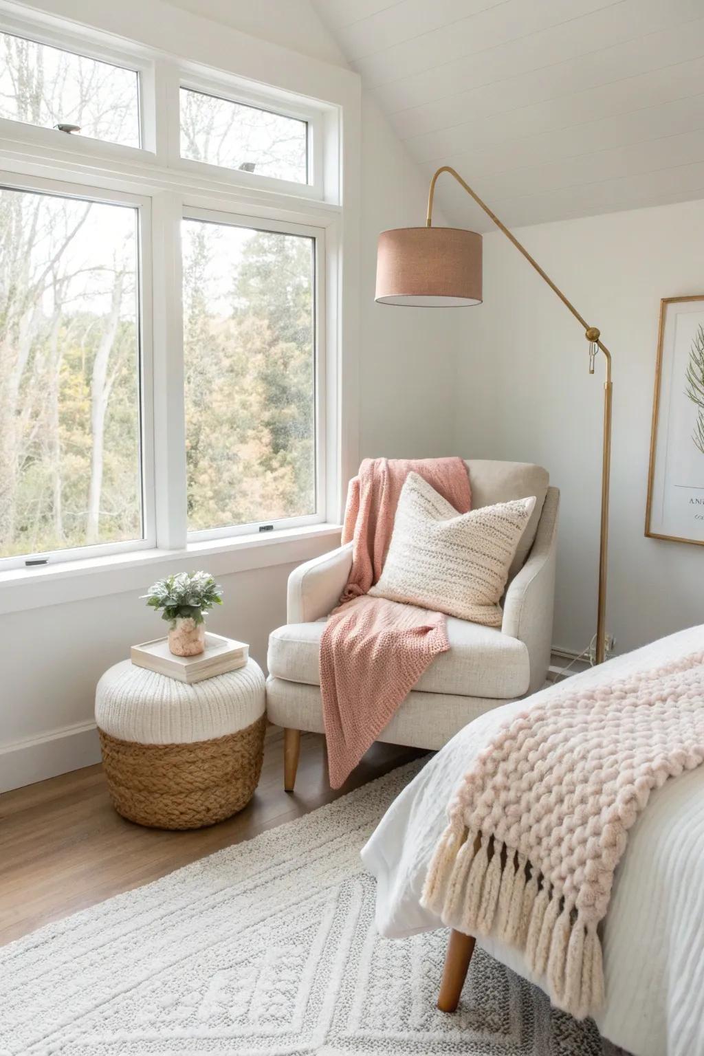 A reading nook offers a personal escape for relaxation and reflection.
