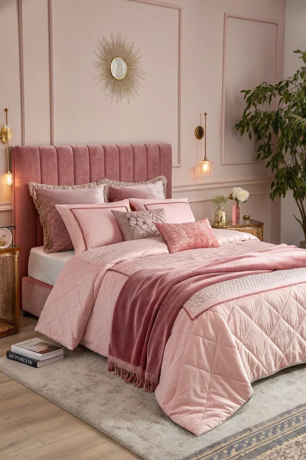 Create a serene atmosphere with layers of pink bedding.