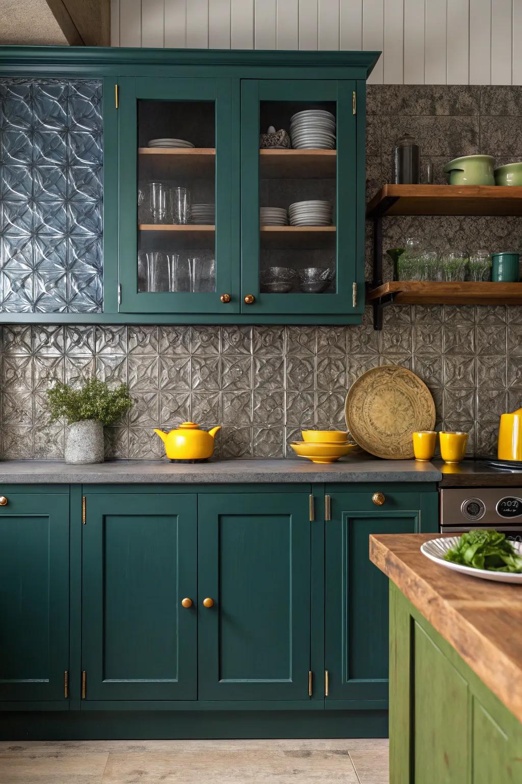 Energize your kitchen with <strong>bold colors</strong> against a tin backdrop, for a lively and dynamic feel.” loading=”lazy” class=”pimg”>
	</picture><figcaption>Energize your kitchen with <strong>bold colors</strong> against a tin backdrop, for a lively and dynamic feel.</figcaption></figure>
<p>Use bold colors in your kitchen to contrast with the tin backsplash, creating a vibrant and energizing space. This can make your kitchen feel lively and dynamic.</p>
<h3>These products might help:</h3>
<ul class=