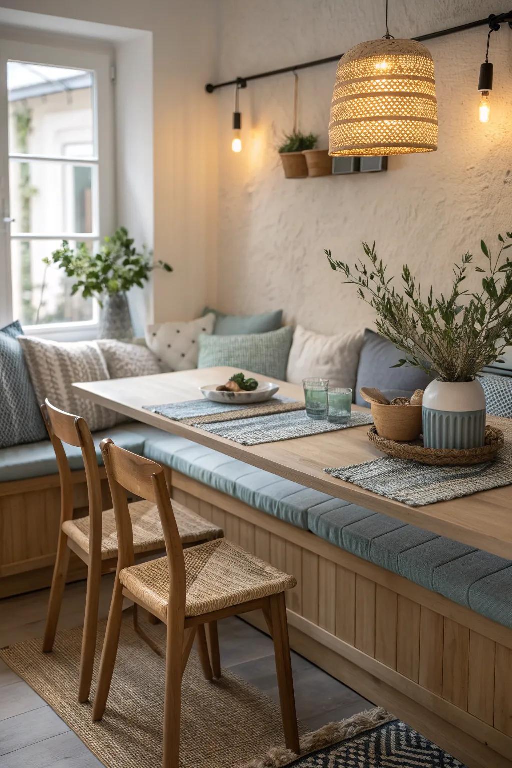 A built-in bench is a stylish and space-saving addition to any dining room.