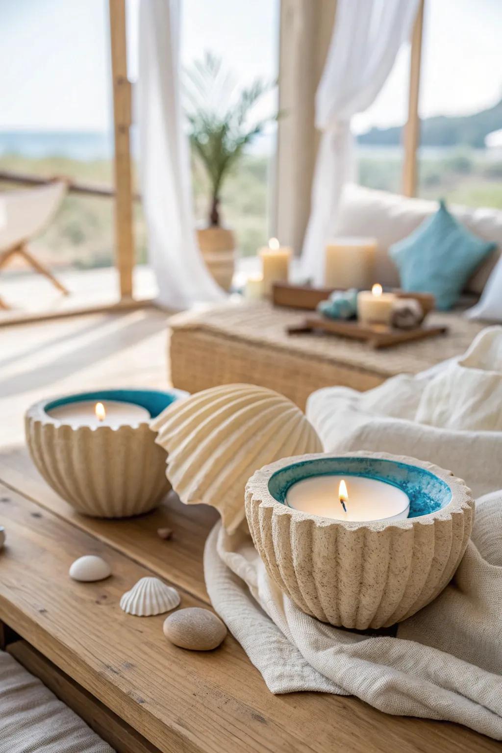 Add a coastal twist with seashell candle holders, offering a soft, ambient glow to your decor.