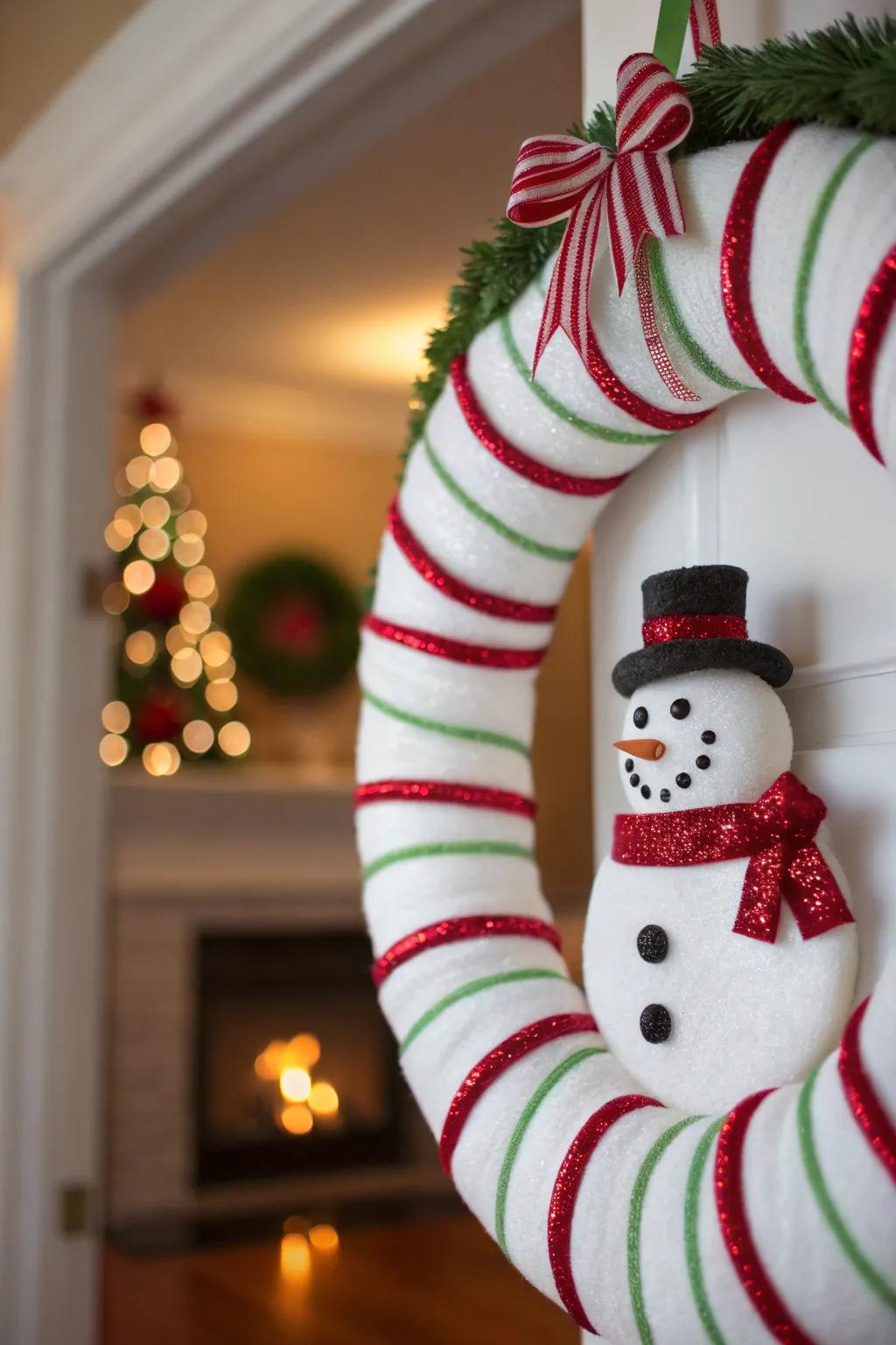 Sweeten your decor with a candy cane snowman wreath that delights. #FestiveFun #HolidayDecor