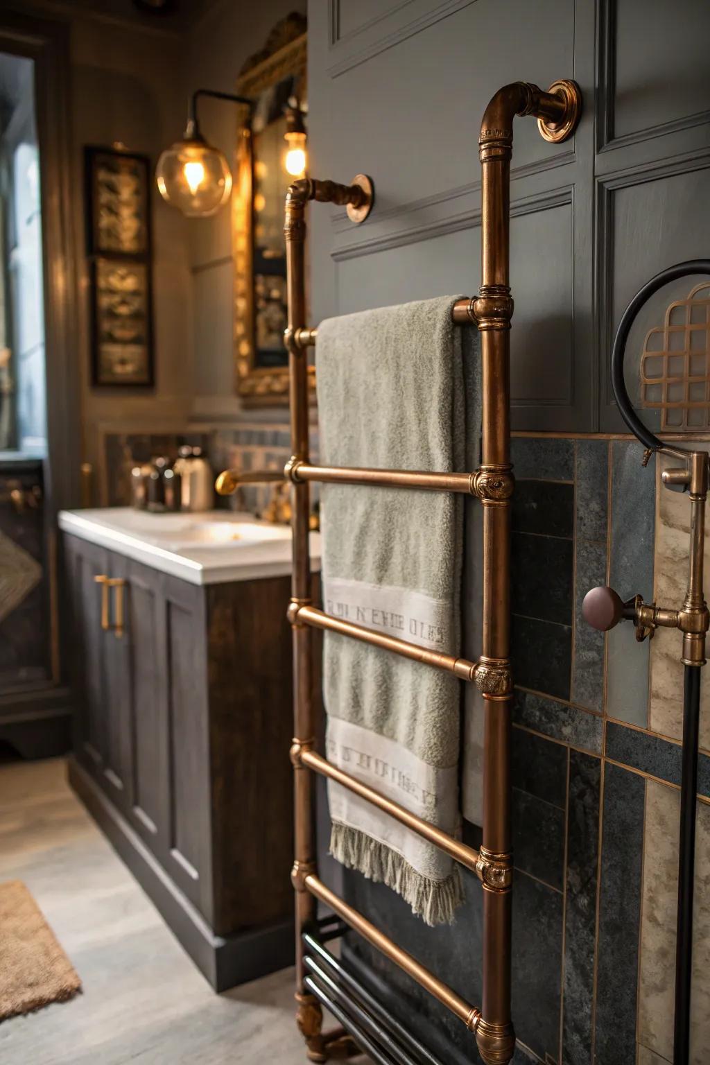 Keep your towels within reach with industrial rails that match your steampunk shower.