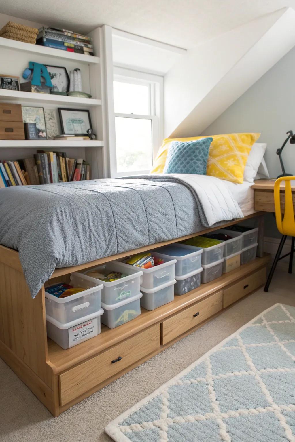 Under-bed storage maximizes hidden spaces, keeping essentials organized and accessible.