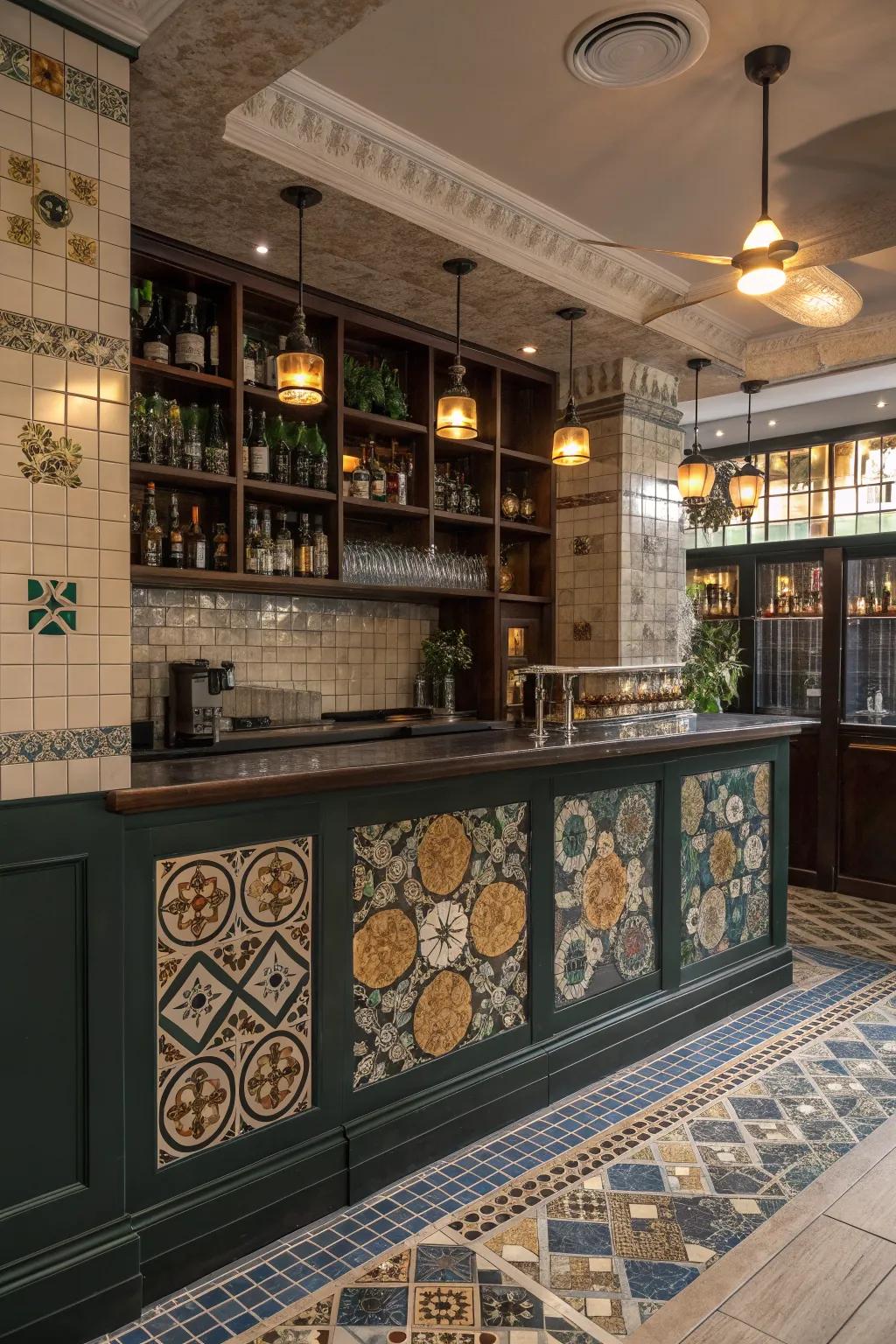 Create visual intrigue with an eclectic mix of tile sizes and shapes that add depth to your bar. 🌟 #EclecticDesign #TileInspiration