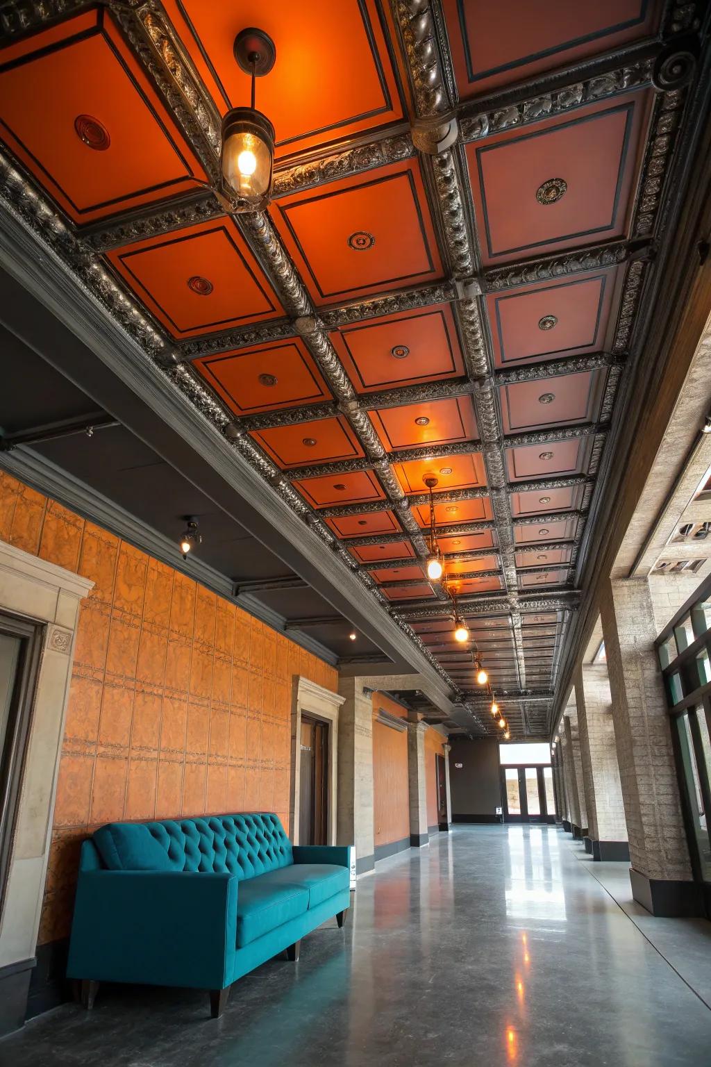 Add urban flair with metal accents on your wainscoting ceiling.