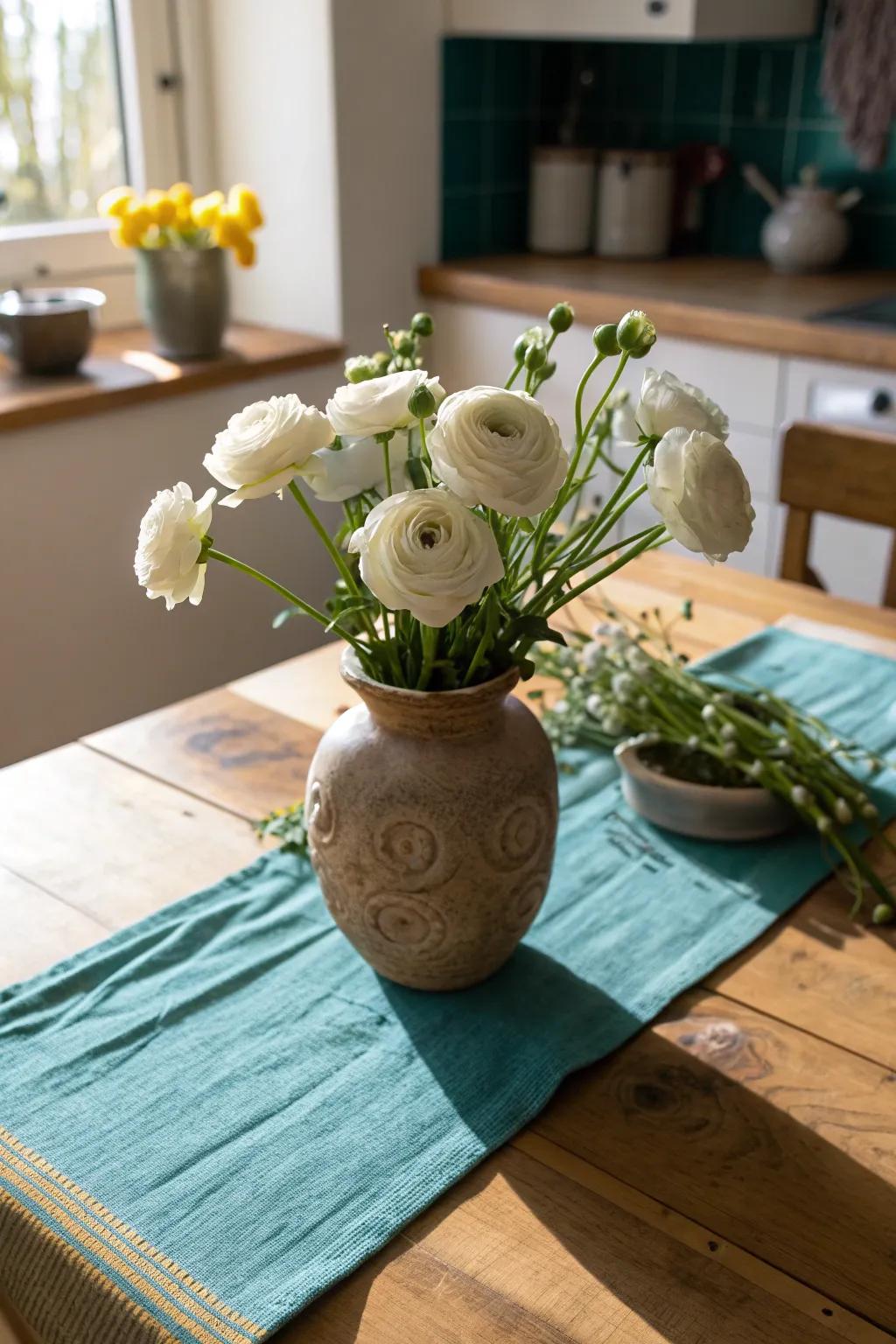 Farmhouse warmth: White ranunculus in stoneware adds cozy charm to any kitchen. 🌾 #CozyVibes #FarmhouseStyle