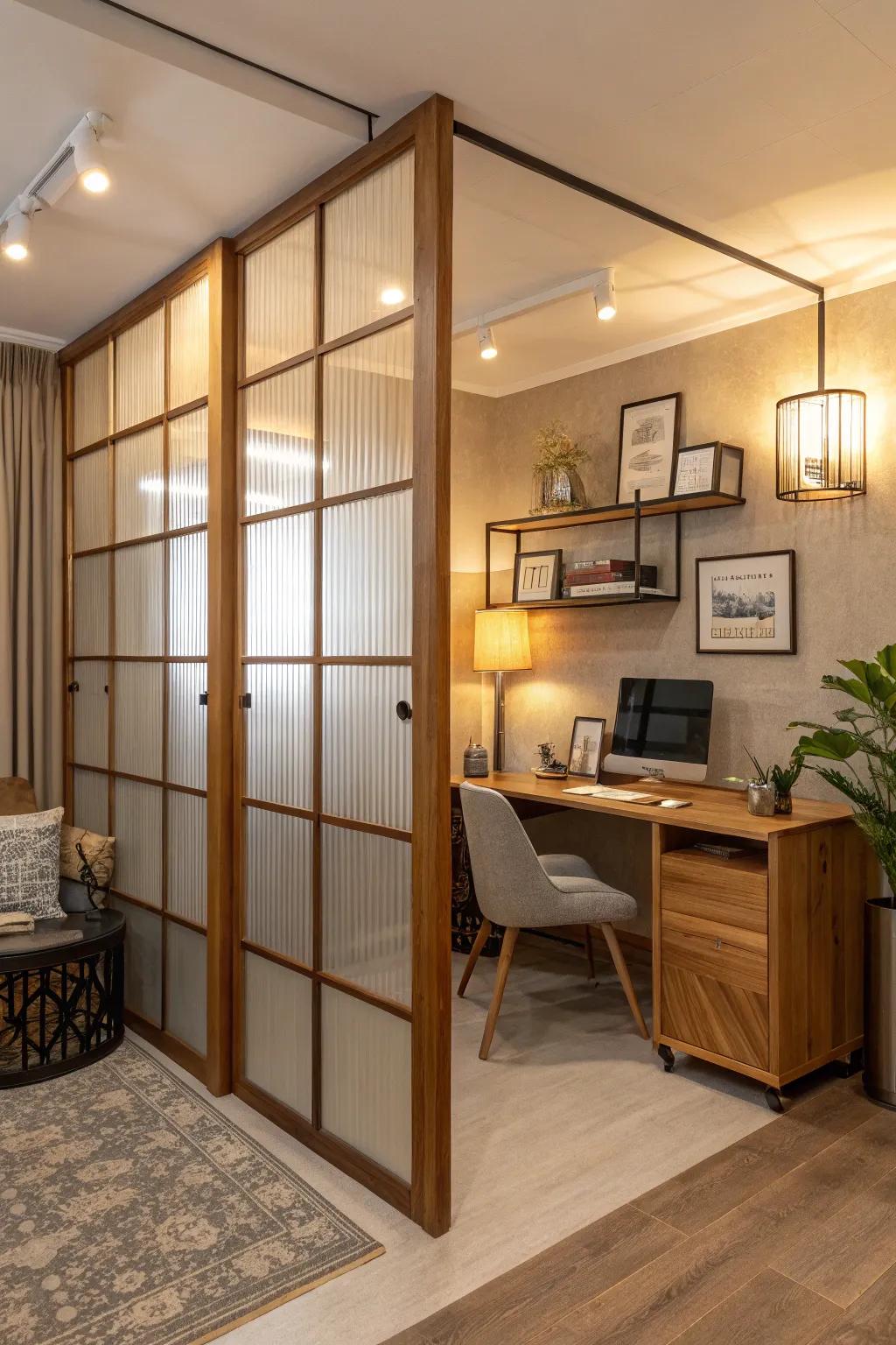 Create versatile zones in your home office with flexible partitions.