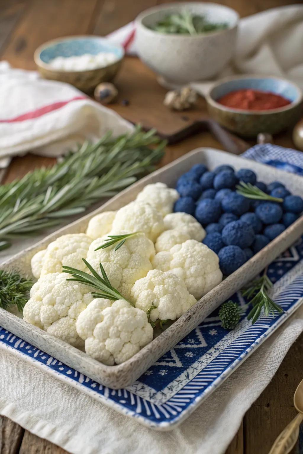 Elegance meets patriotism in this chic white and blue veggie arrangement.