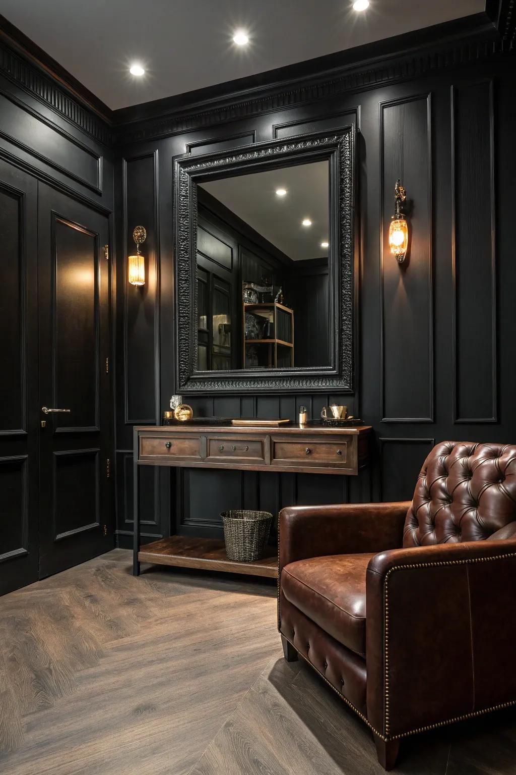 Mirrors reflect light and add elegance, making this black room feel more spacious. #MirrorMagic #InteriorTricks