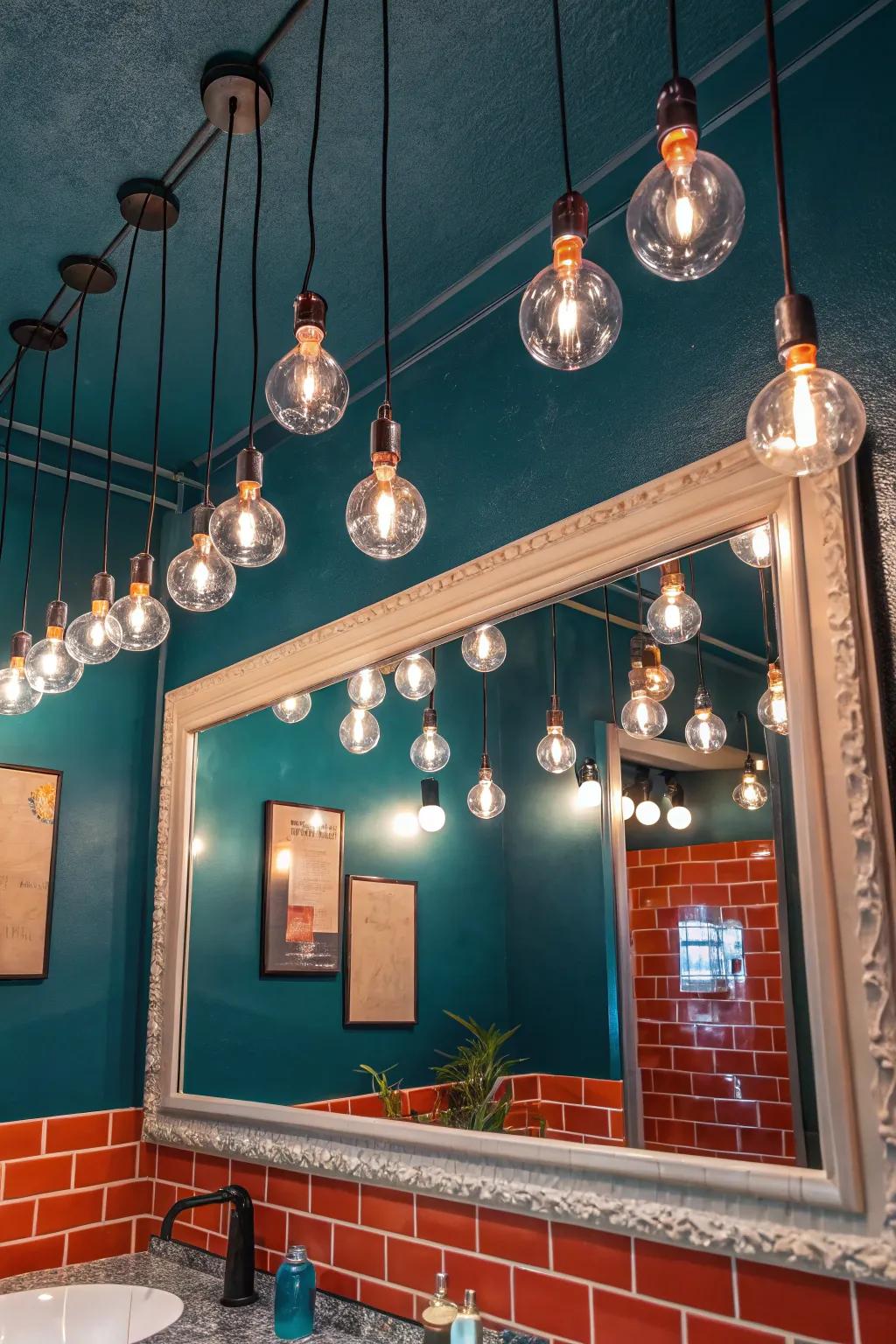 Achieve a laid-back vibe with backyard bulb clusters in your bathroom.