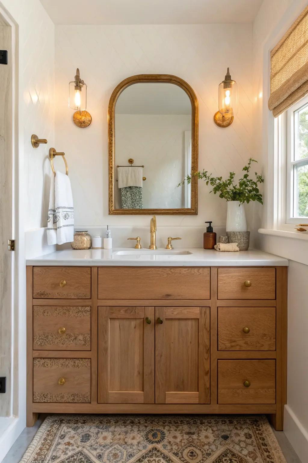 Vintage elements add charm to oak cabinets, creating a nostalgic and inviting bathroom atmosphere.