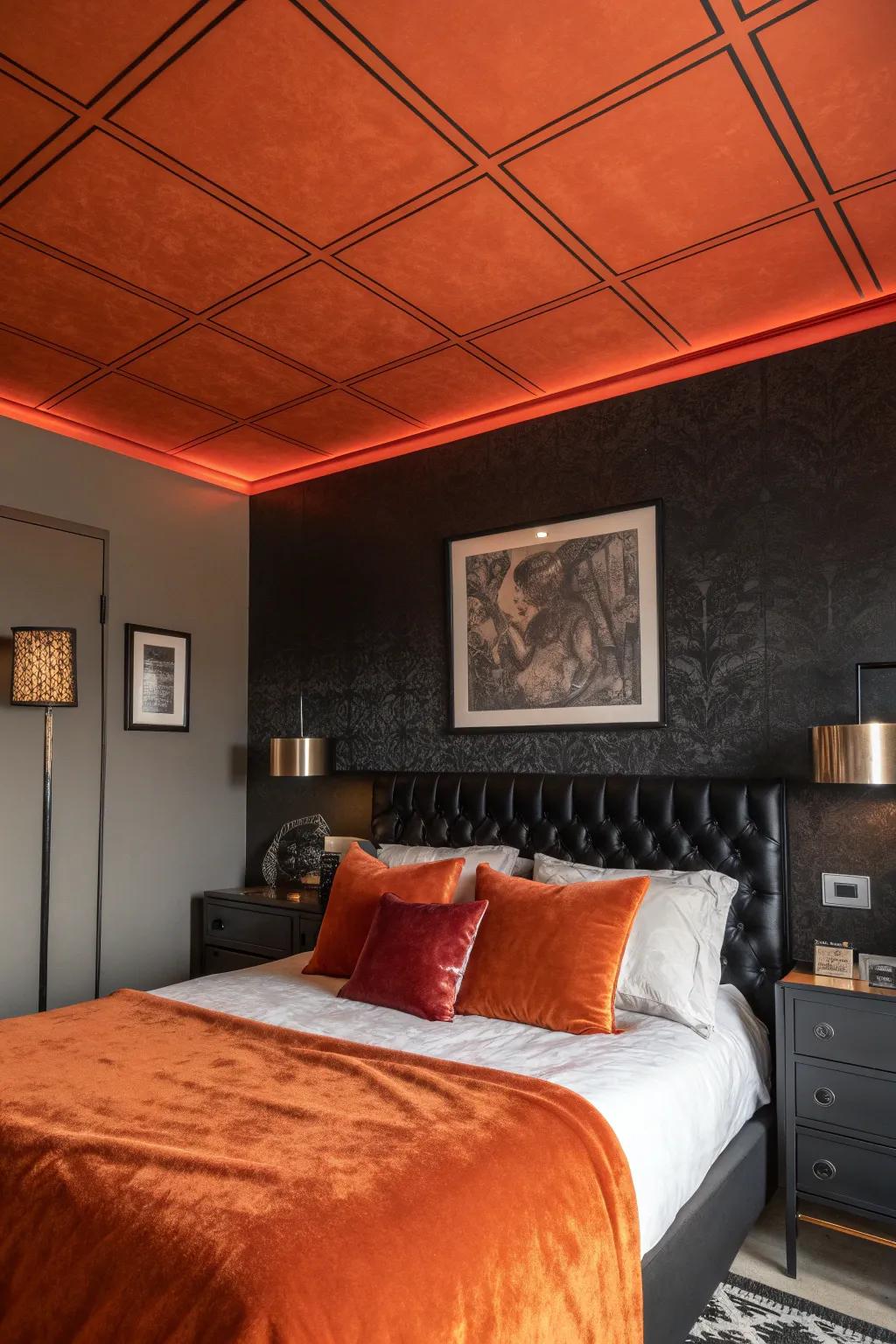 A burnt orange ceiling envelops the room in cozy warmth. 🎨🧡 #CeilingDesign #WarmVibes