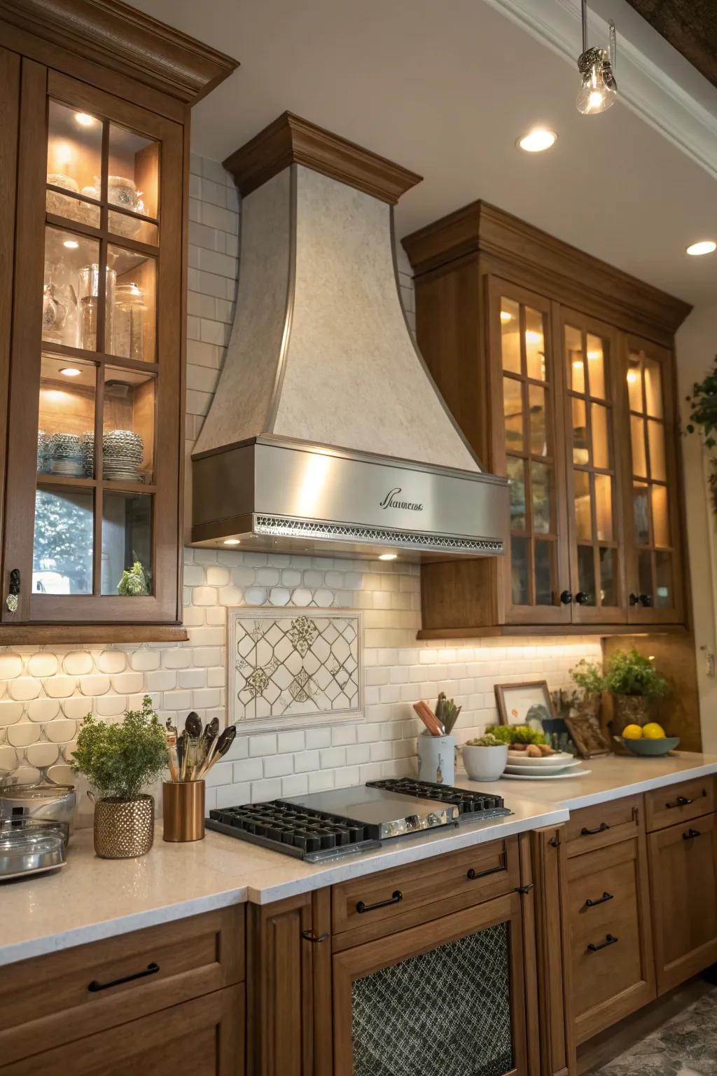 Illuminate your kitchen with subtle lighting accents on your range hood for a welcoming glow.