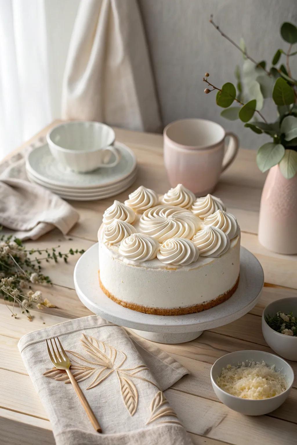 Delight in the simplicity of whipped cream swirls that add elegance and lightness to your cake.