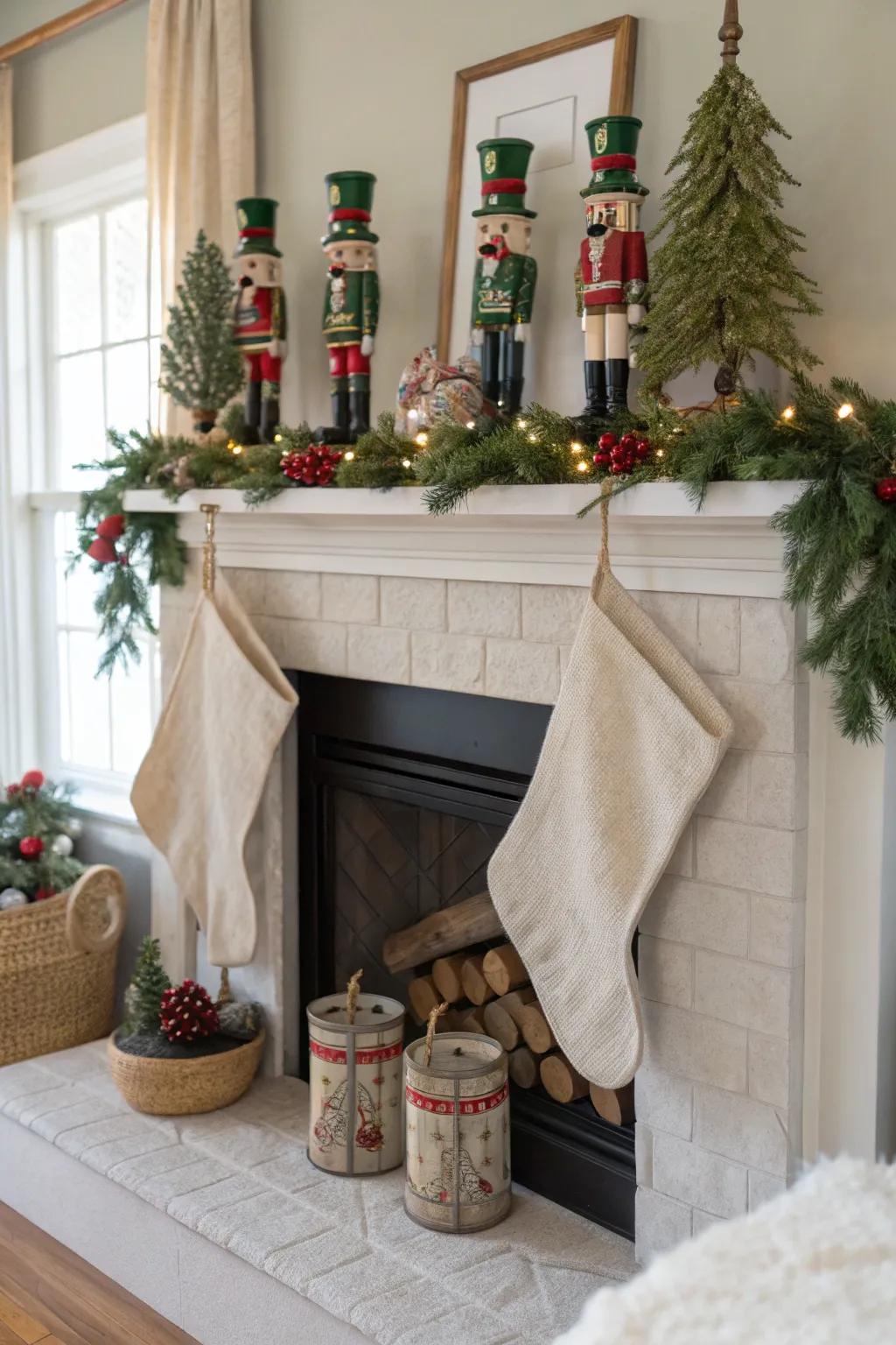Delight in the charming presence of whimsical nutcrackers that bring playful tradition to your mantel.