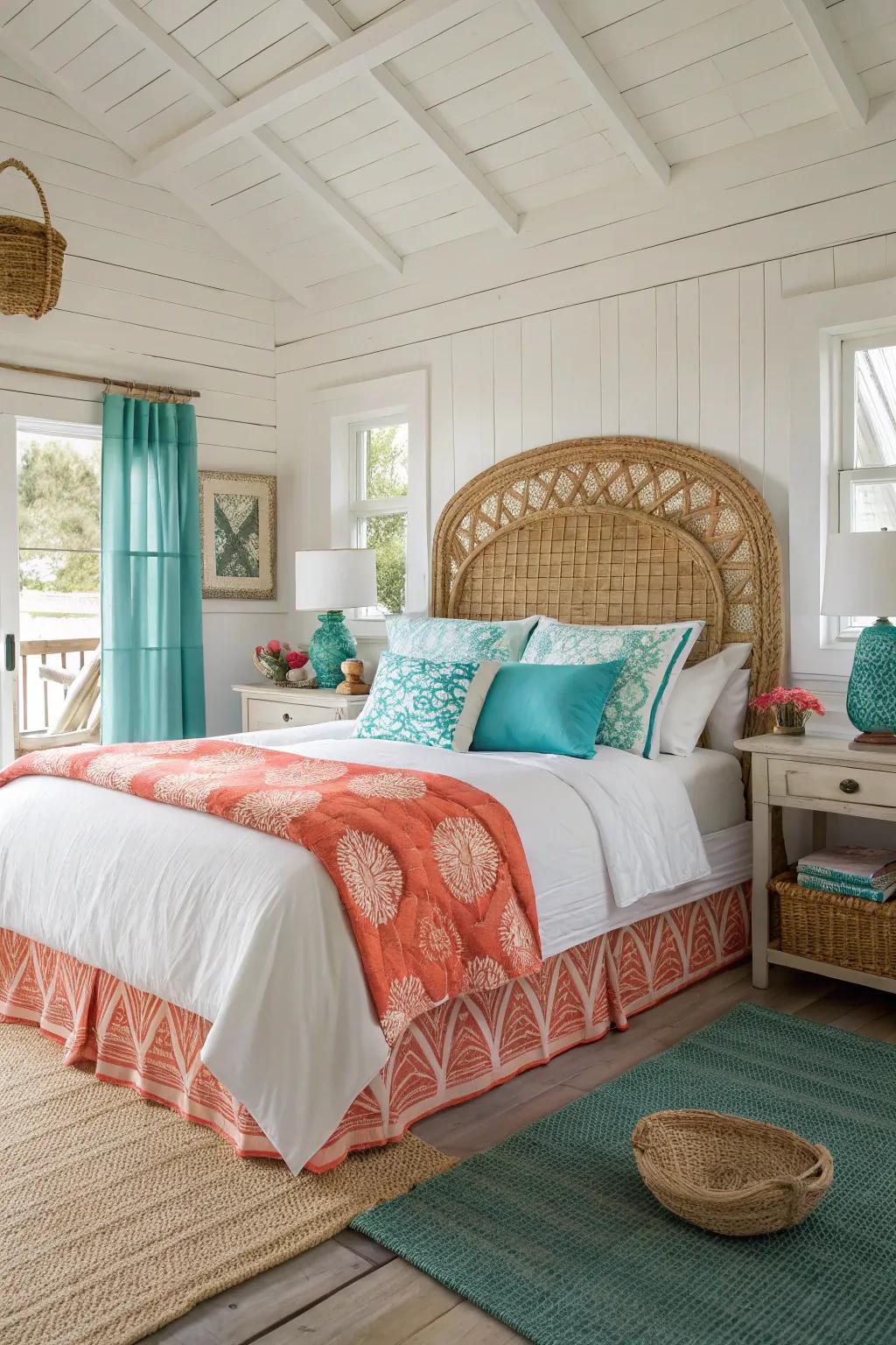 A rattan statement headboard anchors the room with coastal chic style. 🌿 #StatementHeadboard #CoastalChic