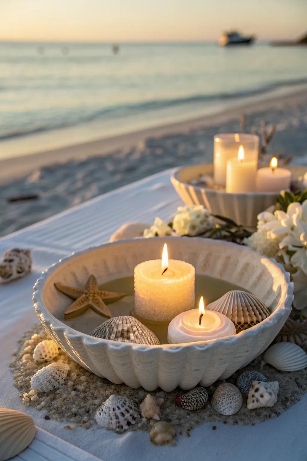 Floating candles and shells create a peaceful, captivating centerpiece. 🕯️ #CandleDecor #CoastalInspiration