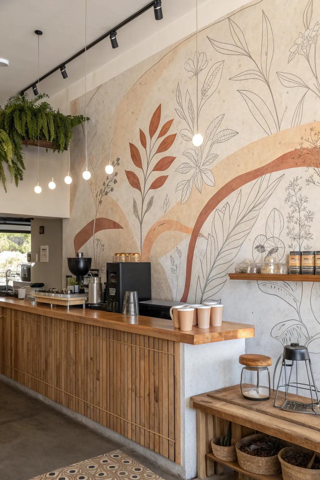 Transform your coffee bar into an art piece with a unique mural backsplash.