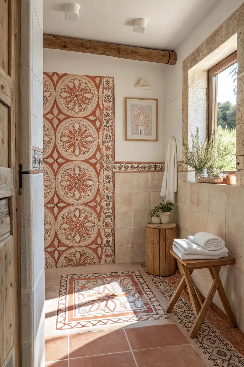 Artistic tile patterns with coral tones add a unique flair to your bathroom.