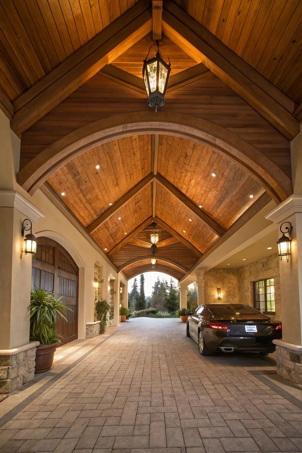 Add timeless elegance to your driveway with a vaulted wooden ceiling.