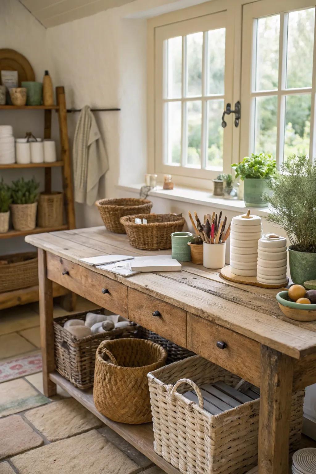 Transform your craft room into a cozy retreat with rustic charm, using warm woods and earthy colors.