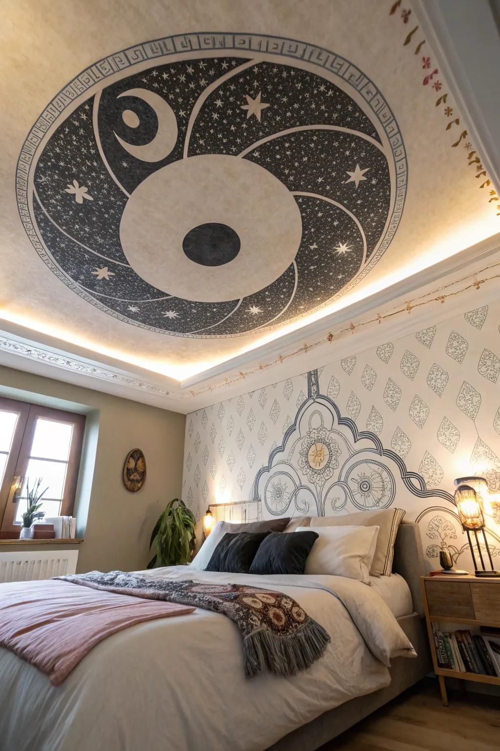 Elevate your decor with a yin yang ceiling mural that inspires balance and tranquility.