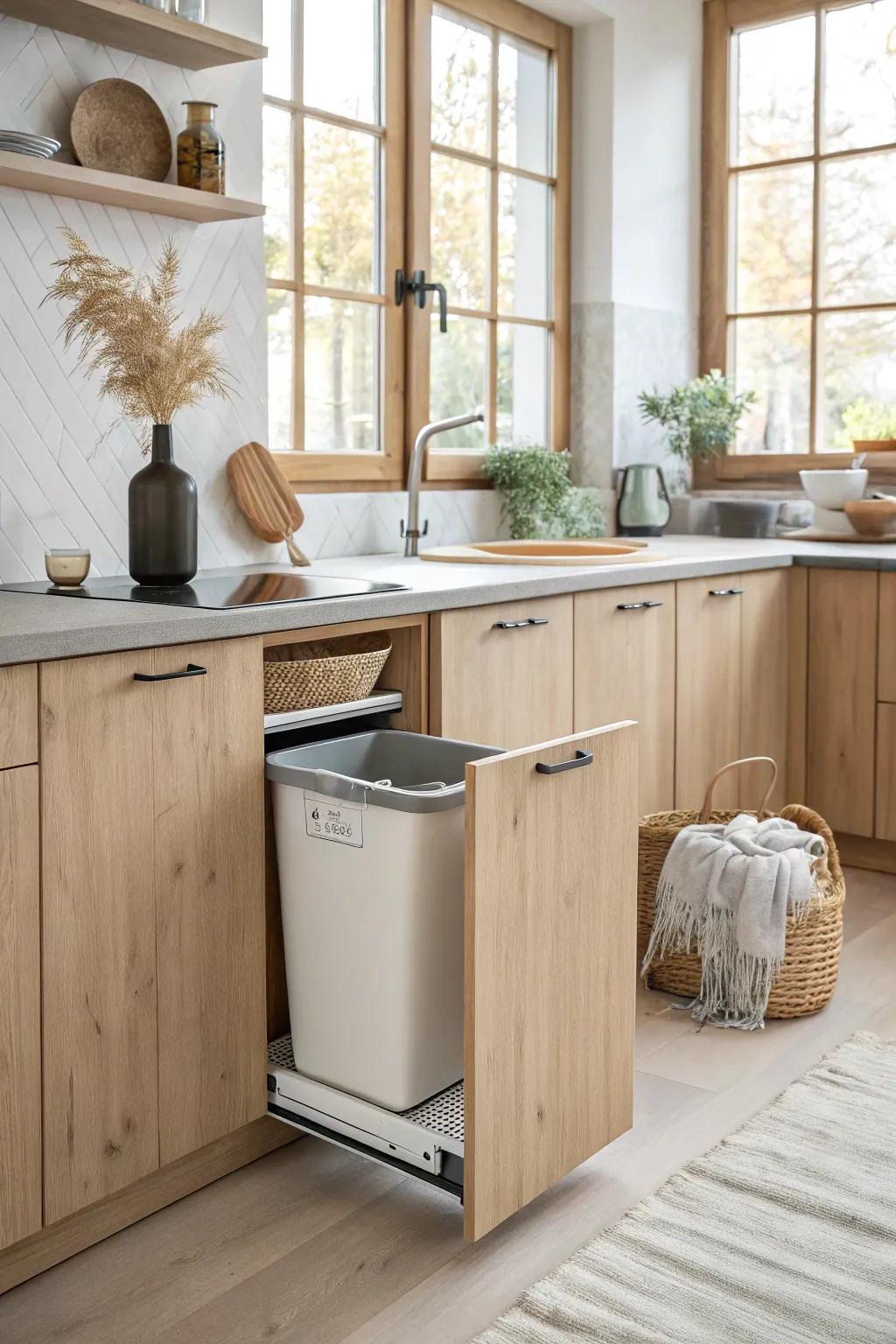 Keep your kitchen tidy and chic with sliding trash cans that hide away perfectly.