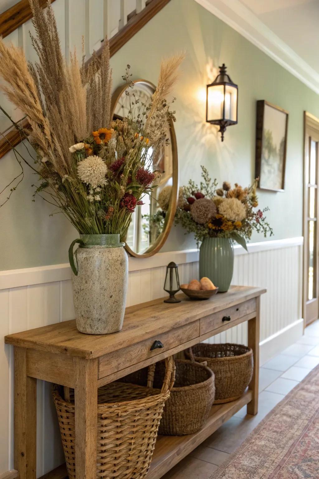 Dried flowers bring a natural and timeless elegance to your hallway.
