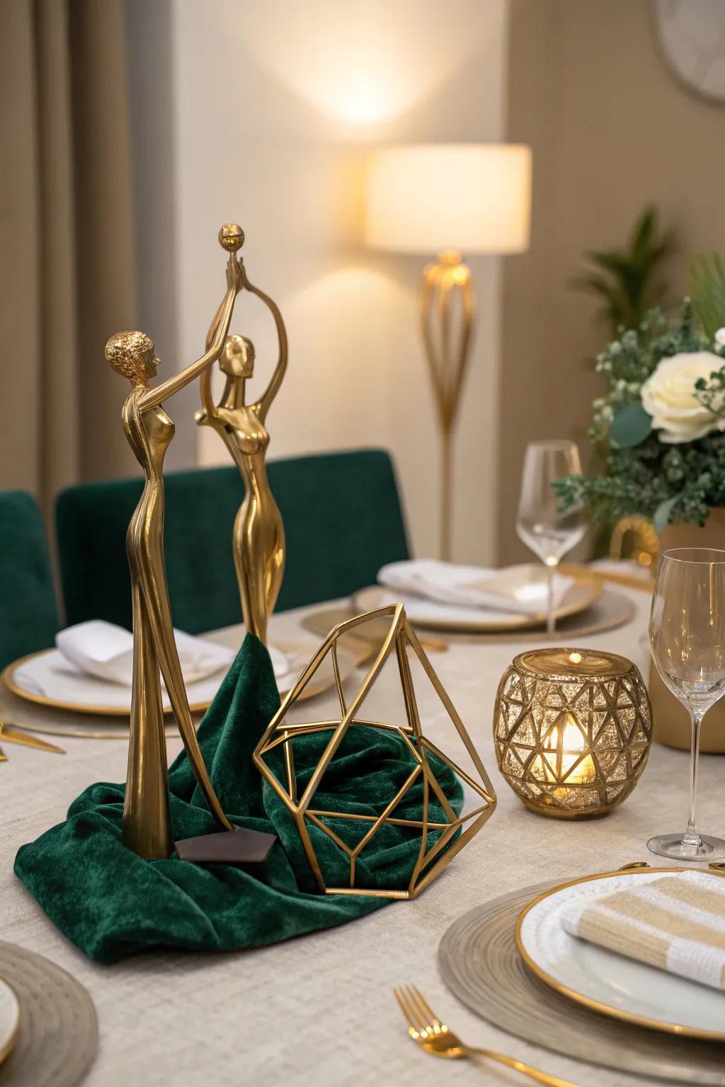 Sculptural gold elements add a modern and engaging touch to your dining table. #ModernElegance #GoldSculpture