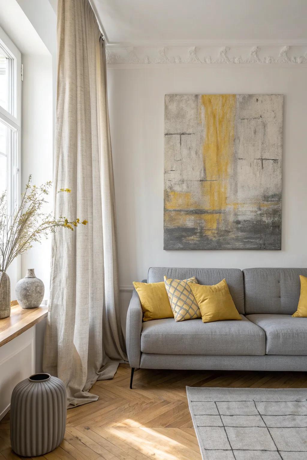 Transform your walls with sophisticated grey and yellow abstract art. #AbstractArt #ModernDesign
