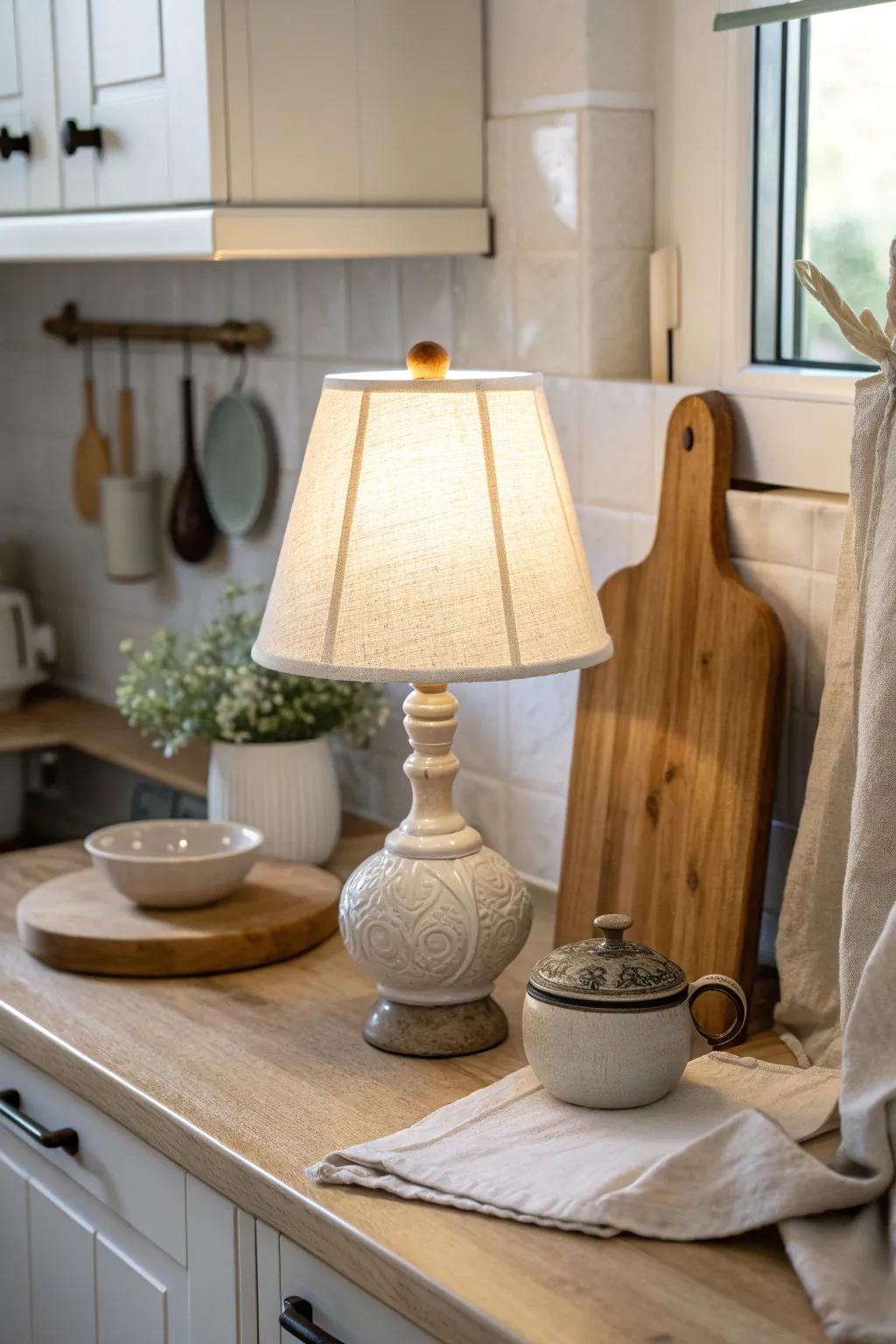 A miniature lamp casts a cozy glow, creating a warm kitchen ambiance. #MiniLamp #CozyKitchen