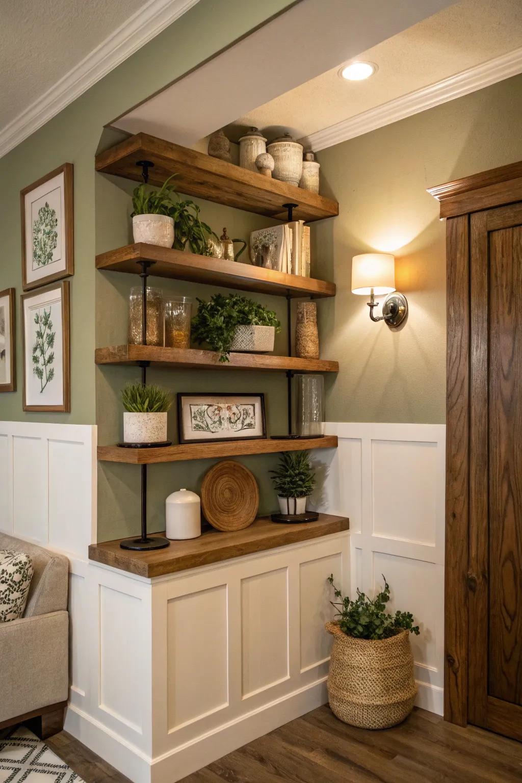 Corner shelves combine style and function, offering a perfect place for decor accents.