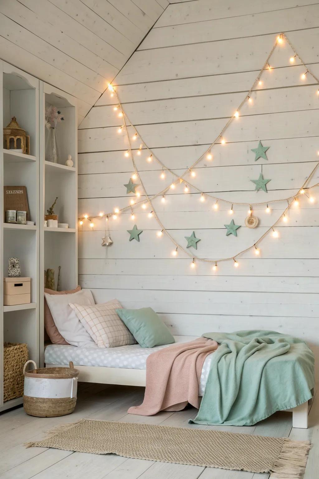 Create a magical atmosphere with fairy lights that add warmth and wonder. ✨ #FairyLights #KidsRoom #CozyVibes