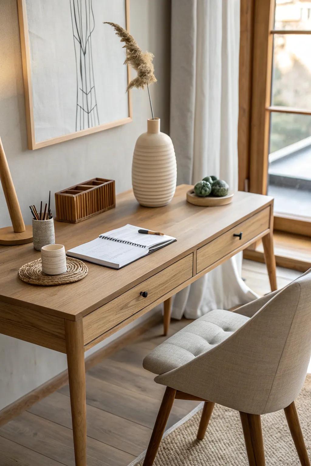Bring warmth and nature into your workspace with organic materials. #NaturalDesign #CozyMinimalism