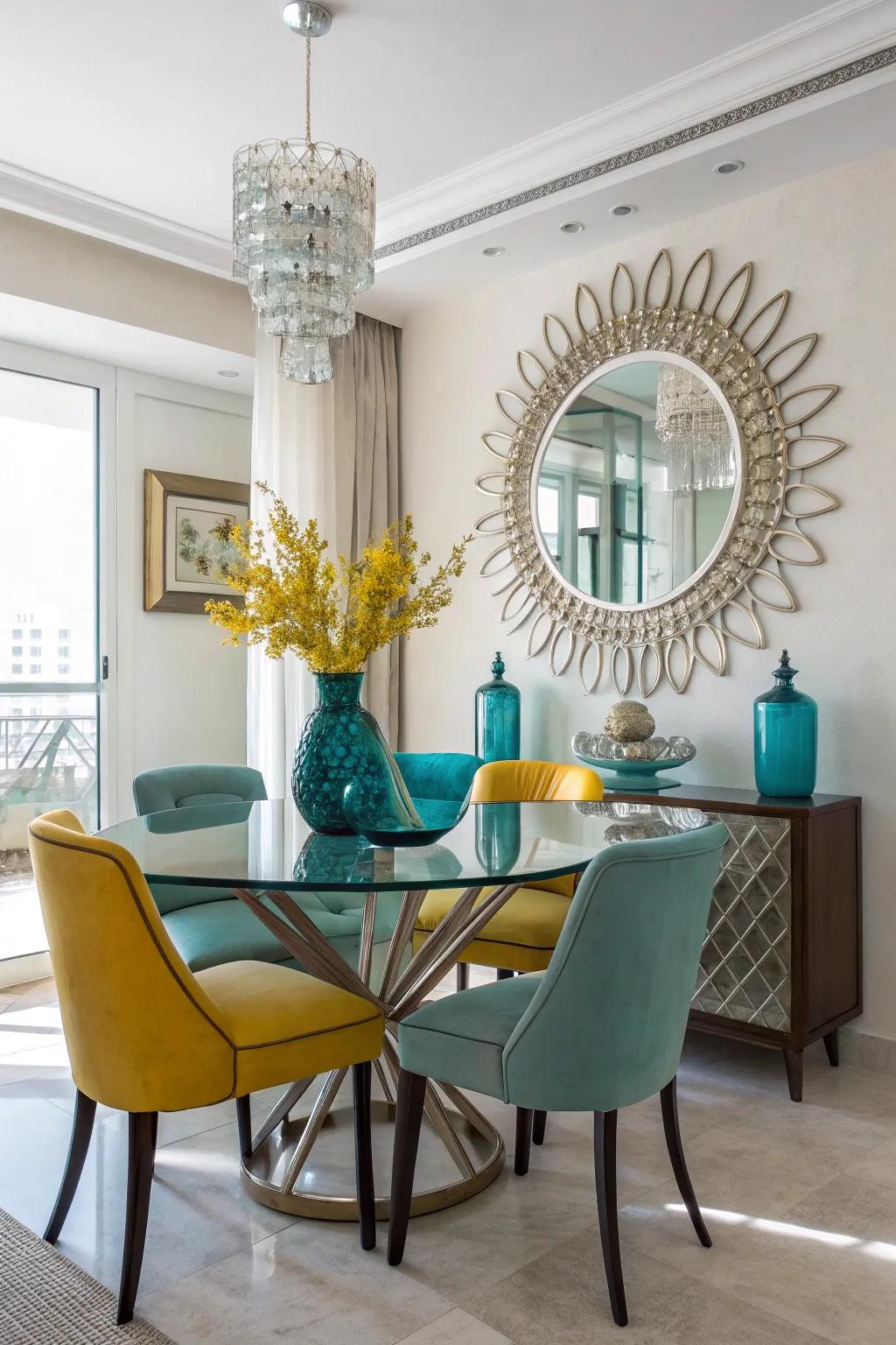 Reflective surfaces illuminate and expand your dining area.