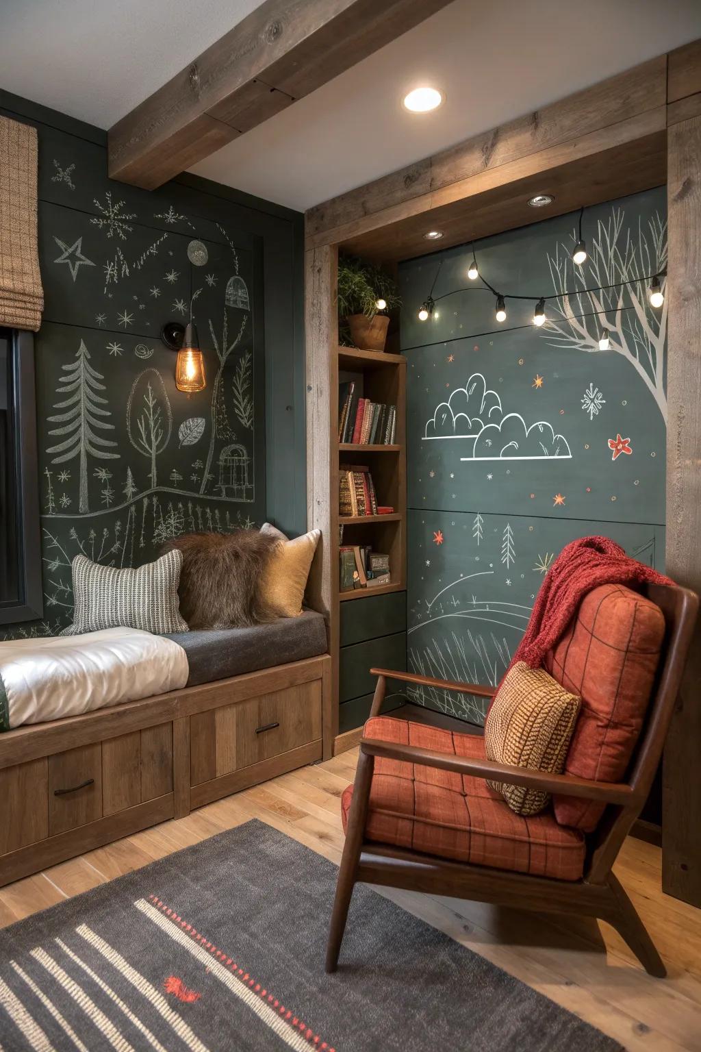 Unleash creativity with a chalkboard wall that invites endless artistic expression. 🖍️ #CreativeSpaces #KidsRoom #ArtisticPlay