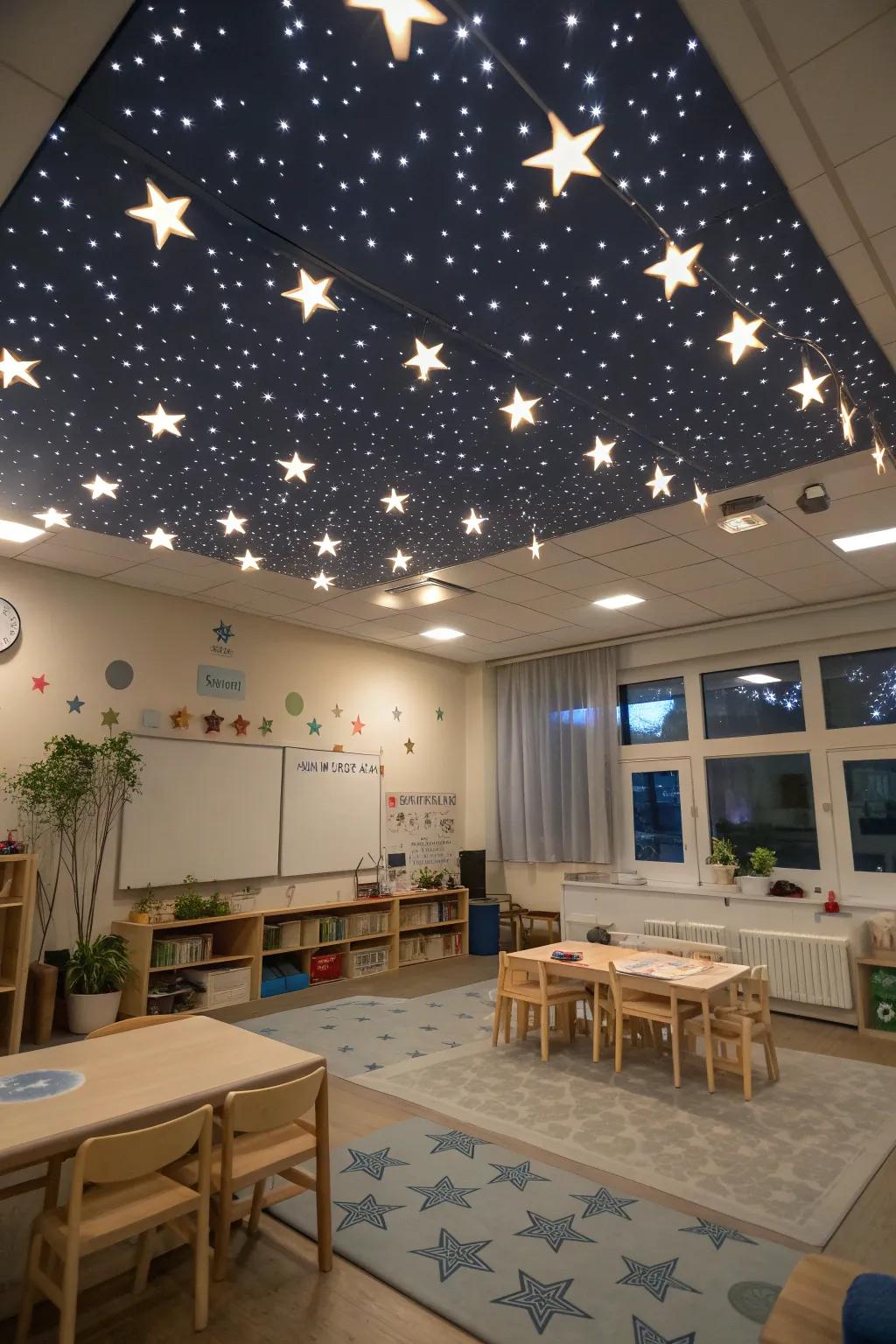 Create a dreamy atmosphere with a starry night ceiling that lights up the classroom.