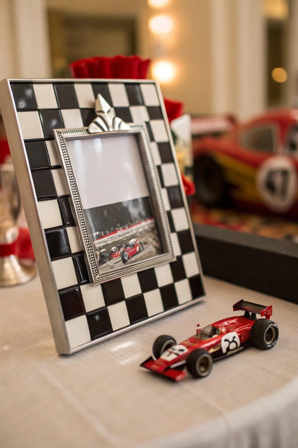 DIY checkered photo frames make memorable keepsakes, capturing the spirit of your race car party.