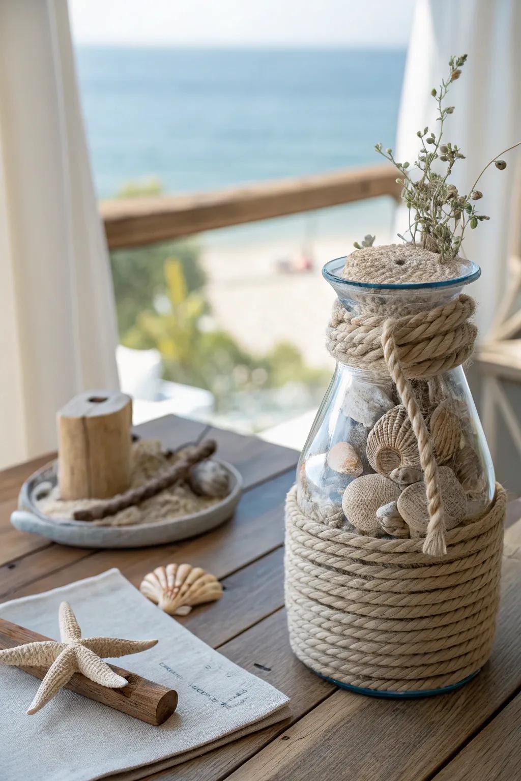 Bring a personal touch to your decor with a nautical rope vase, perfect for beach-themed settings.