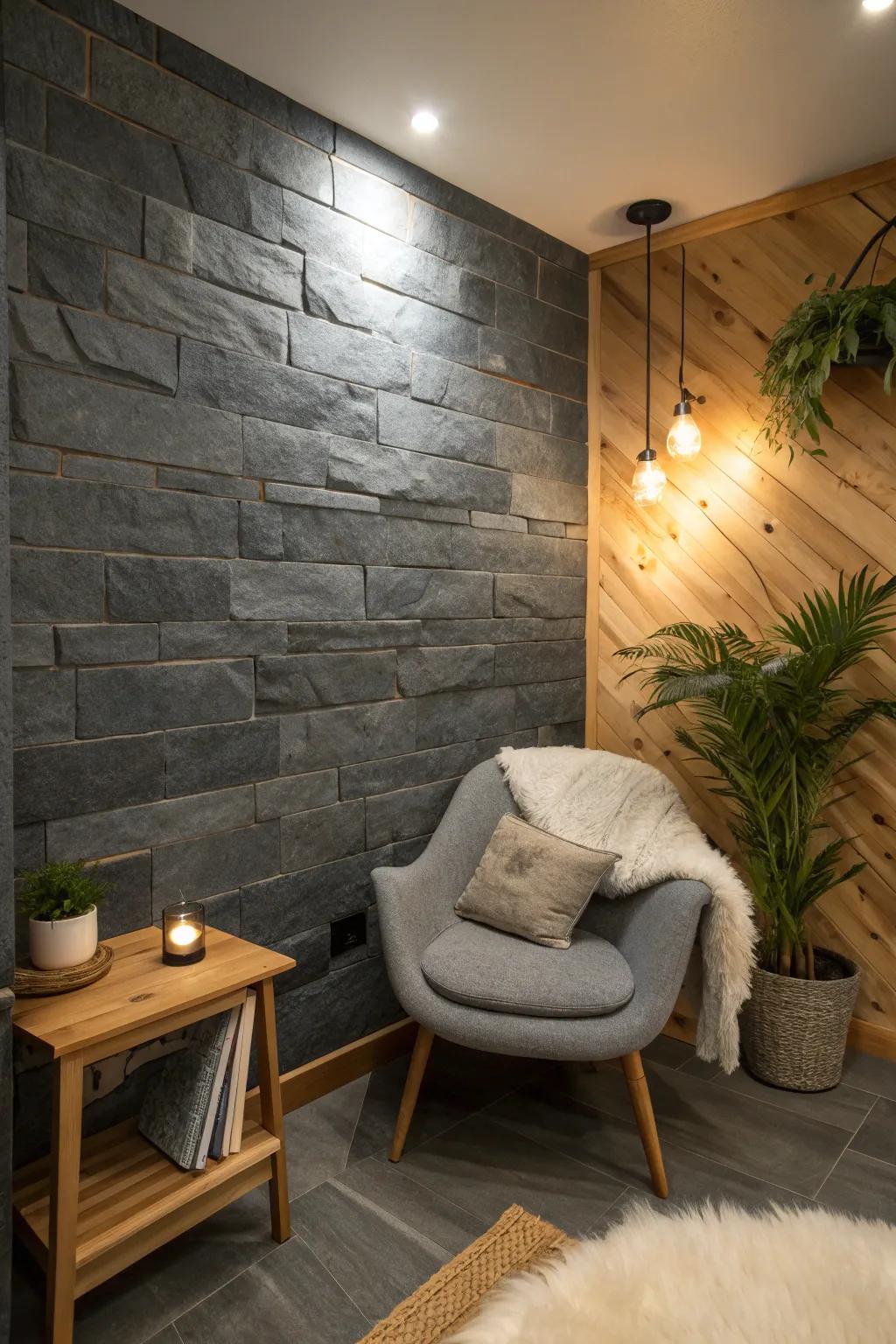 Transform small spaces with a slate accent wall that adds style and elegance without overwhelming.