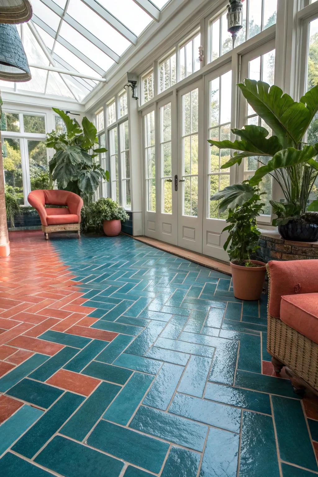 Herringbone tiles add sophisticated style and timeless elegance to your sunroom.