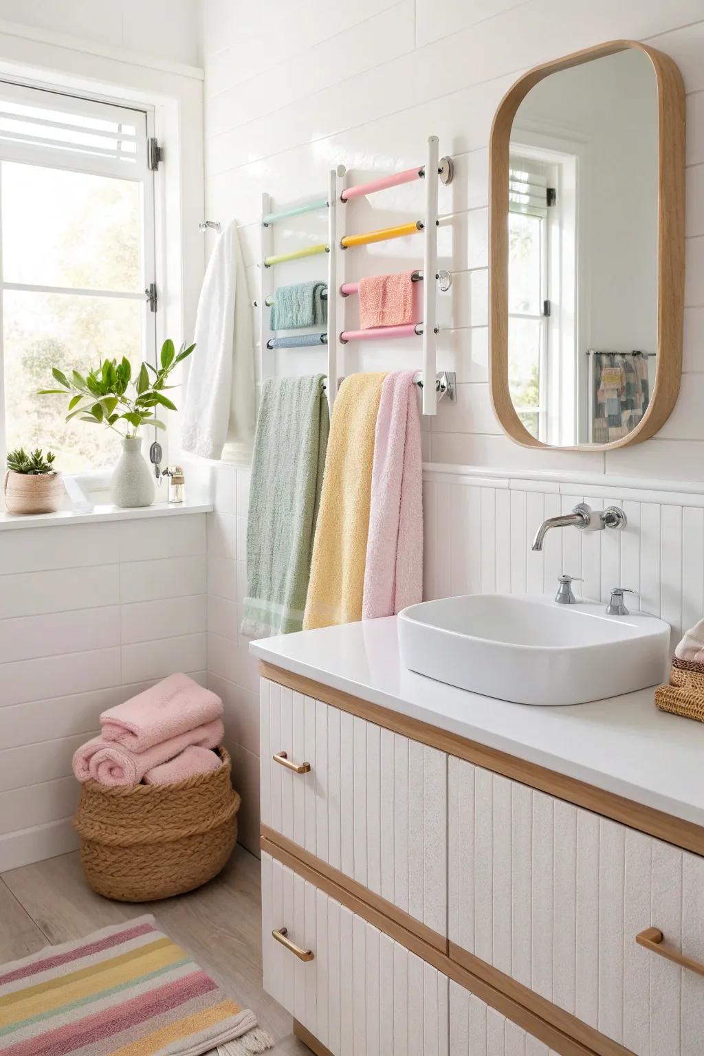 Add a pop of color and organization with colorful towel racks in your bathroom! #TowelOrganization #ColorPop